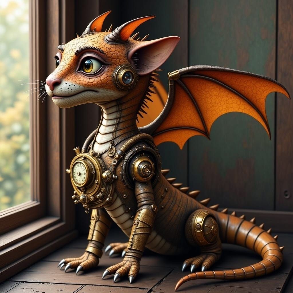 Steampunk Dragon on Windowsill with Cat-like Scales
