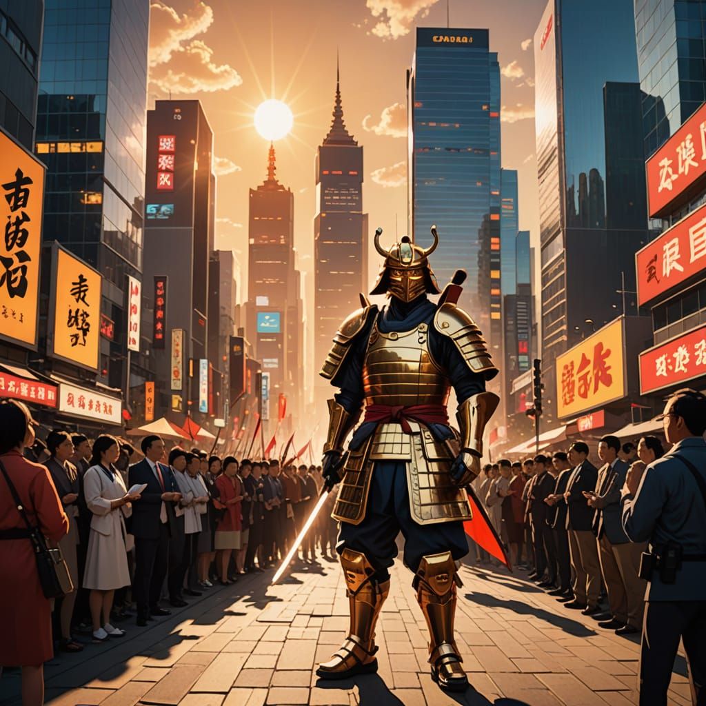 Samurai Campaigns for President in Vibrant City Square