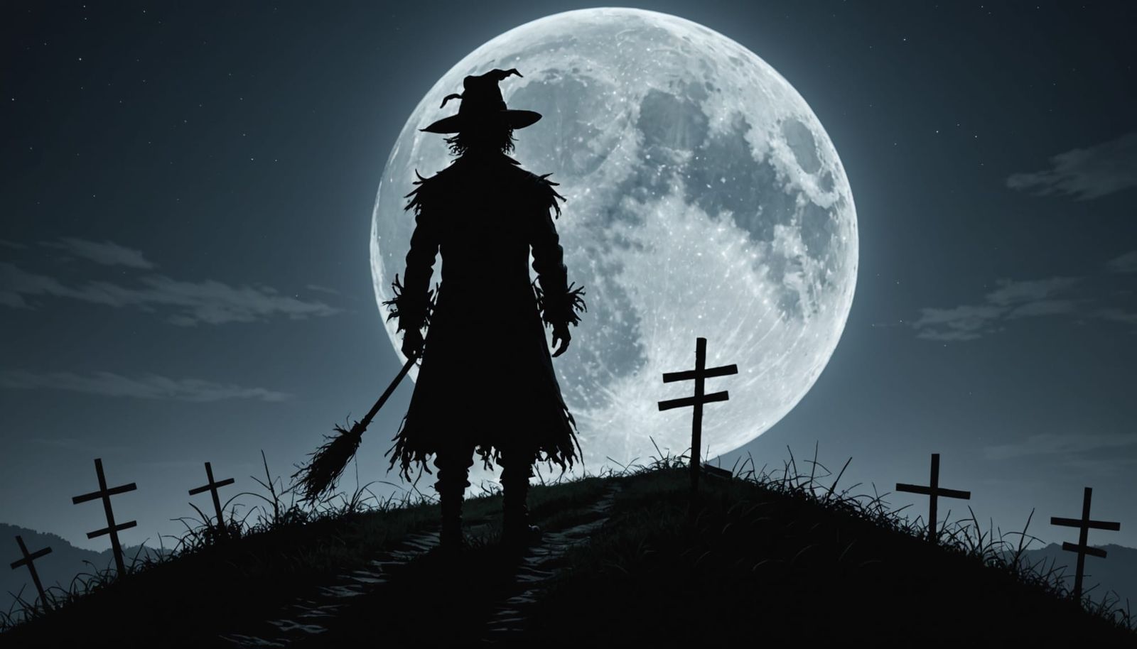 Gothic Scarecrow Silhouette Under Full Moon