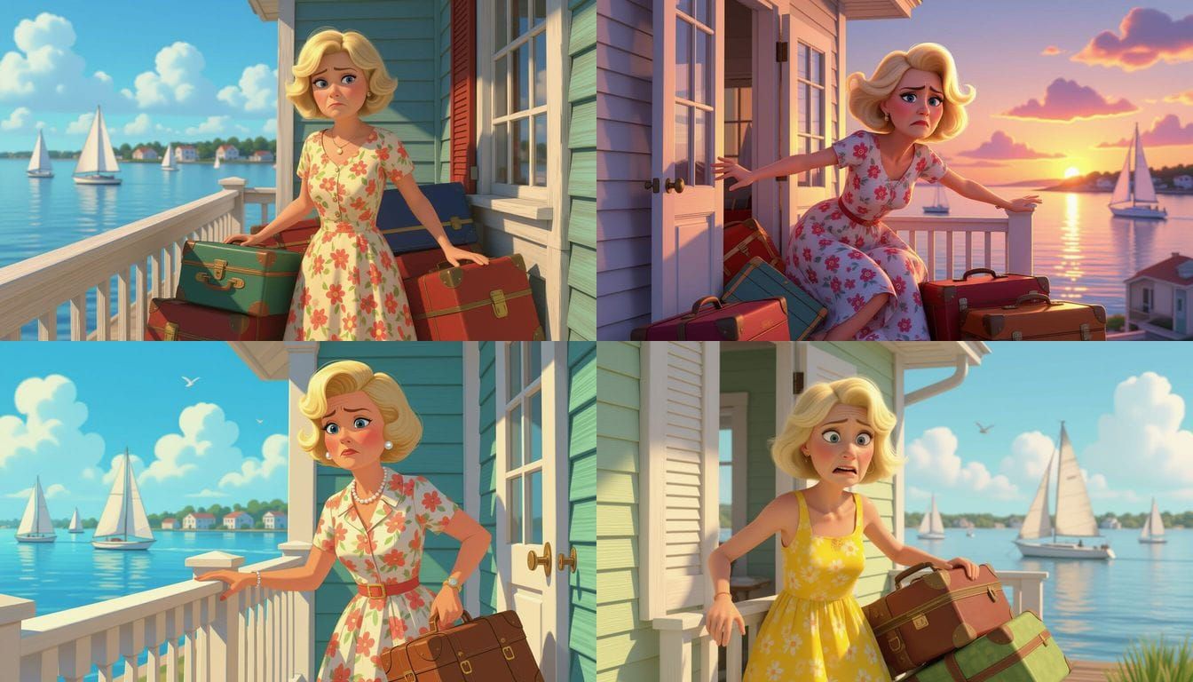 Pixar Style: Woman and Luggage Falling from Balcony