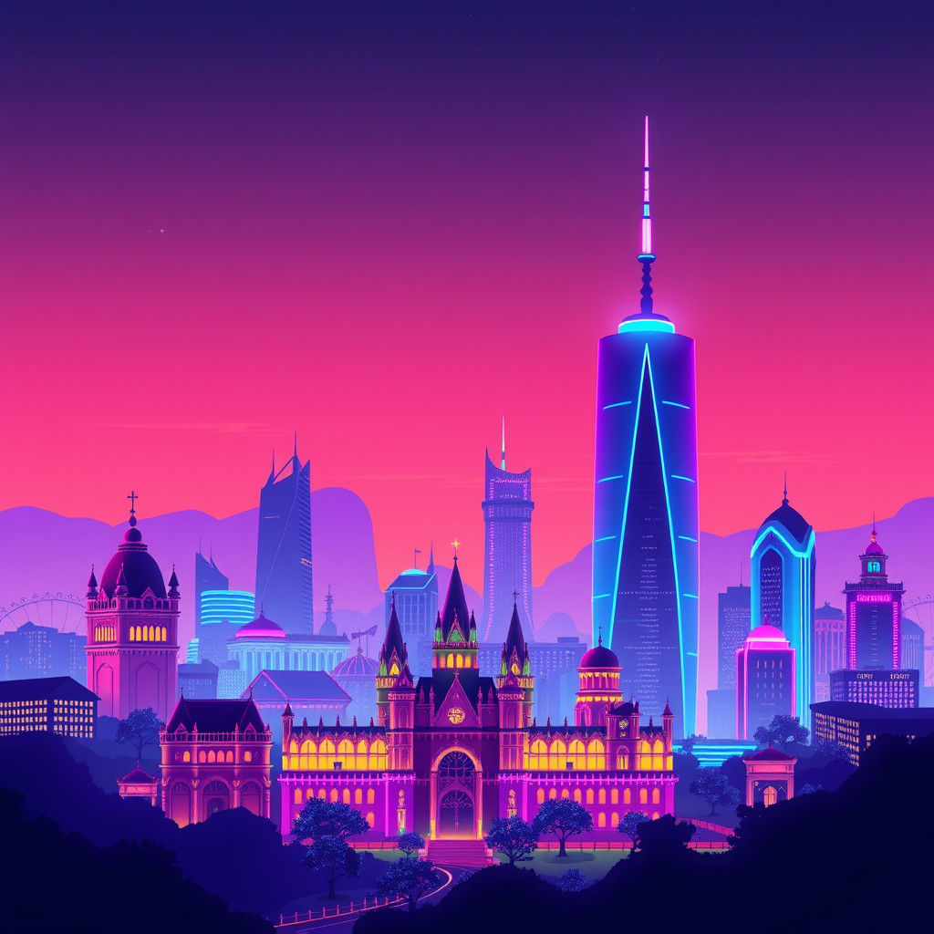 Neon Skyline with Castles and Skyscrapers