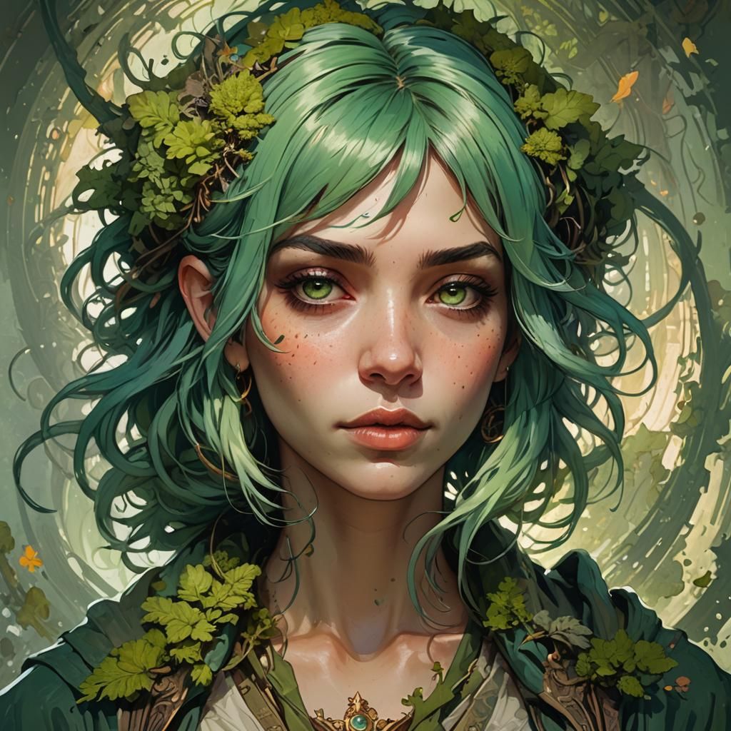 Girl with Moss Green Hair Portrait