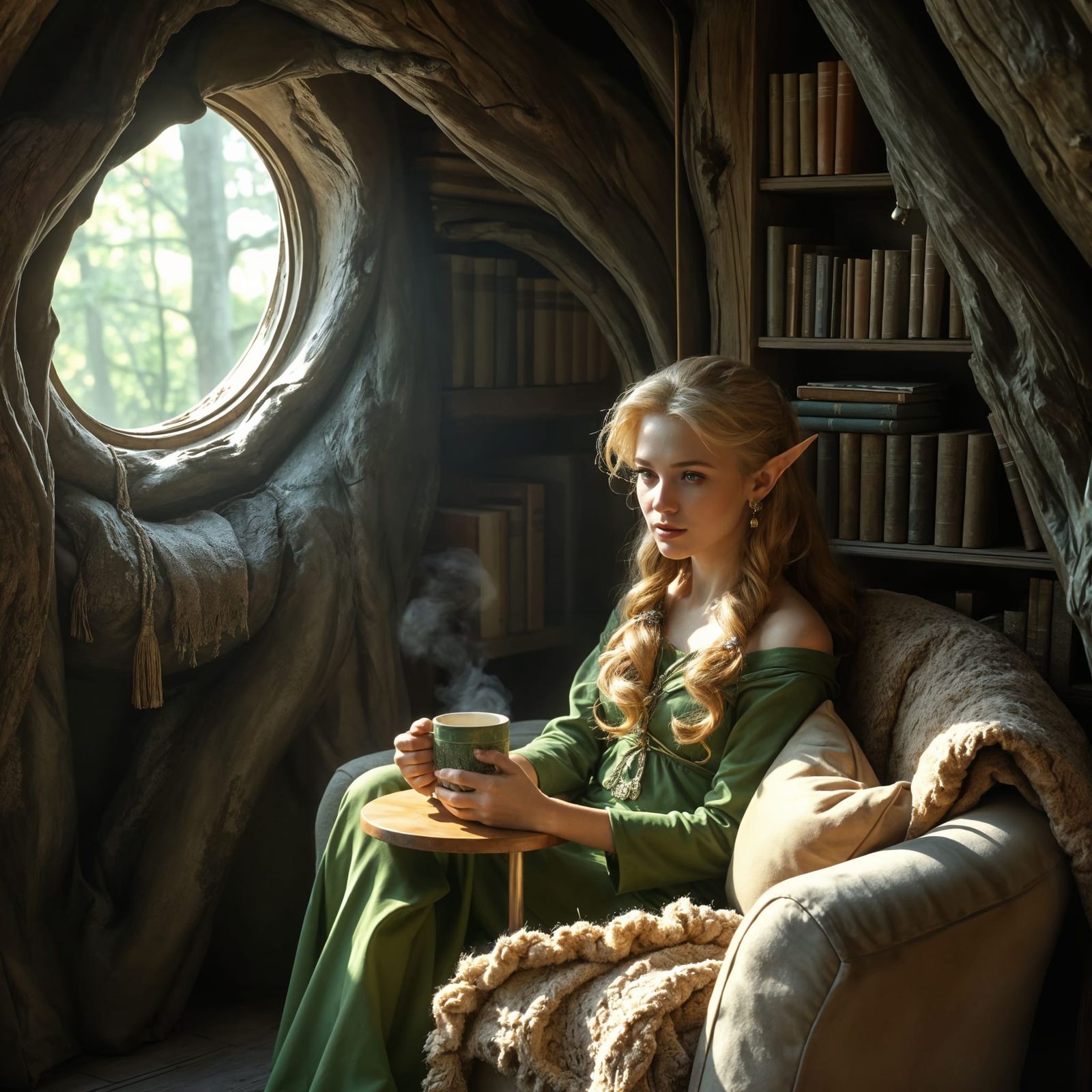 Elven Maiden in Cozy Tree Nook, Photorealistic