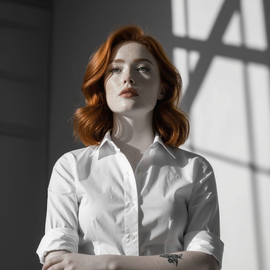 Monochrome Portrait of Red-Haired Woman Rising