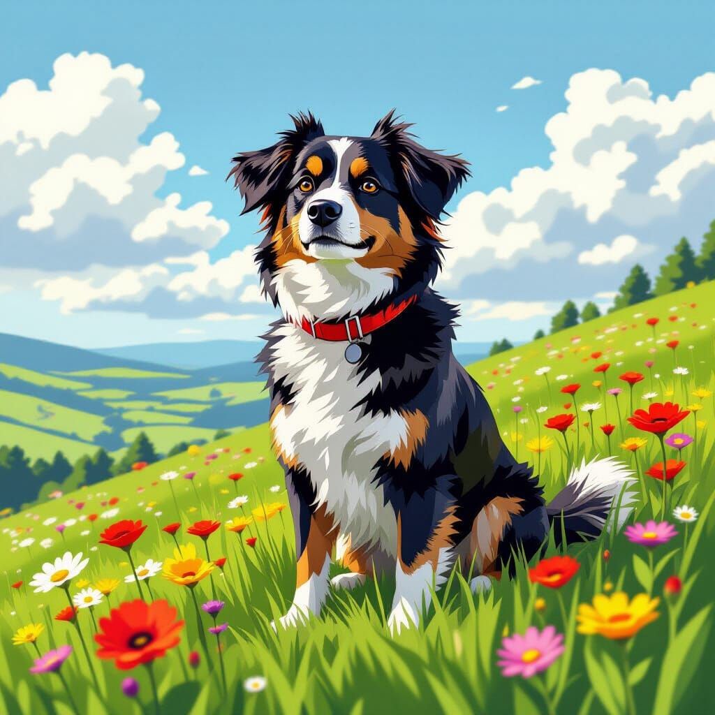 Dog on Hillside with Wildflowers, Digital Art