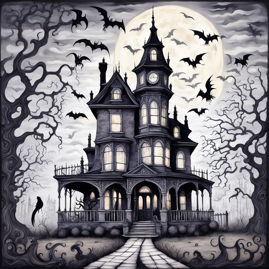 Haunted Victorian Mansion with Creature in Burton Style