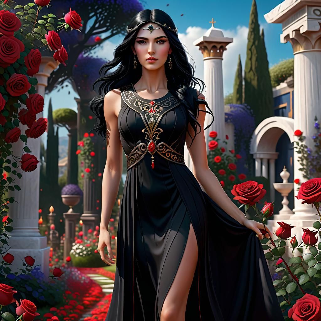 A powerful Greek sorceress at a rose garden