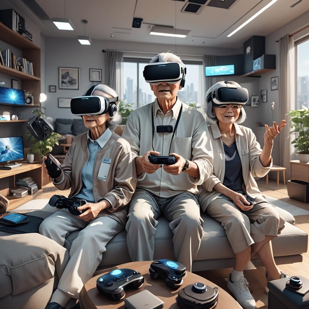 Elderly Couple in VR Headsets: 3D Anime Art