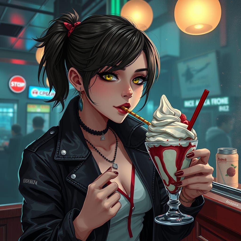 Punk Girl Enjoying Sci-Fi Sundae, Cyberpunk Illustration