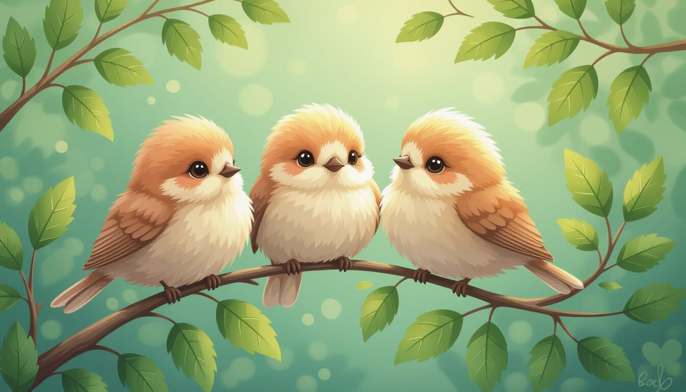 Sweet Fluffy Birds on a Branch