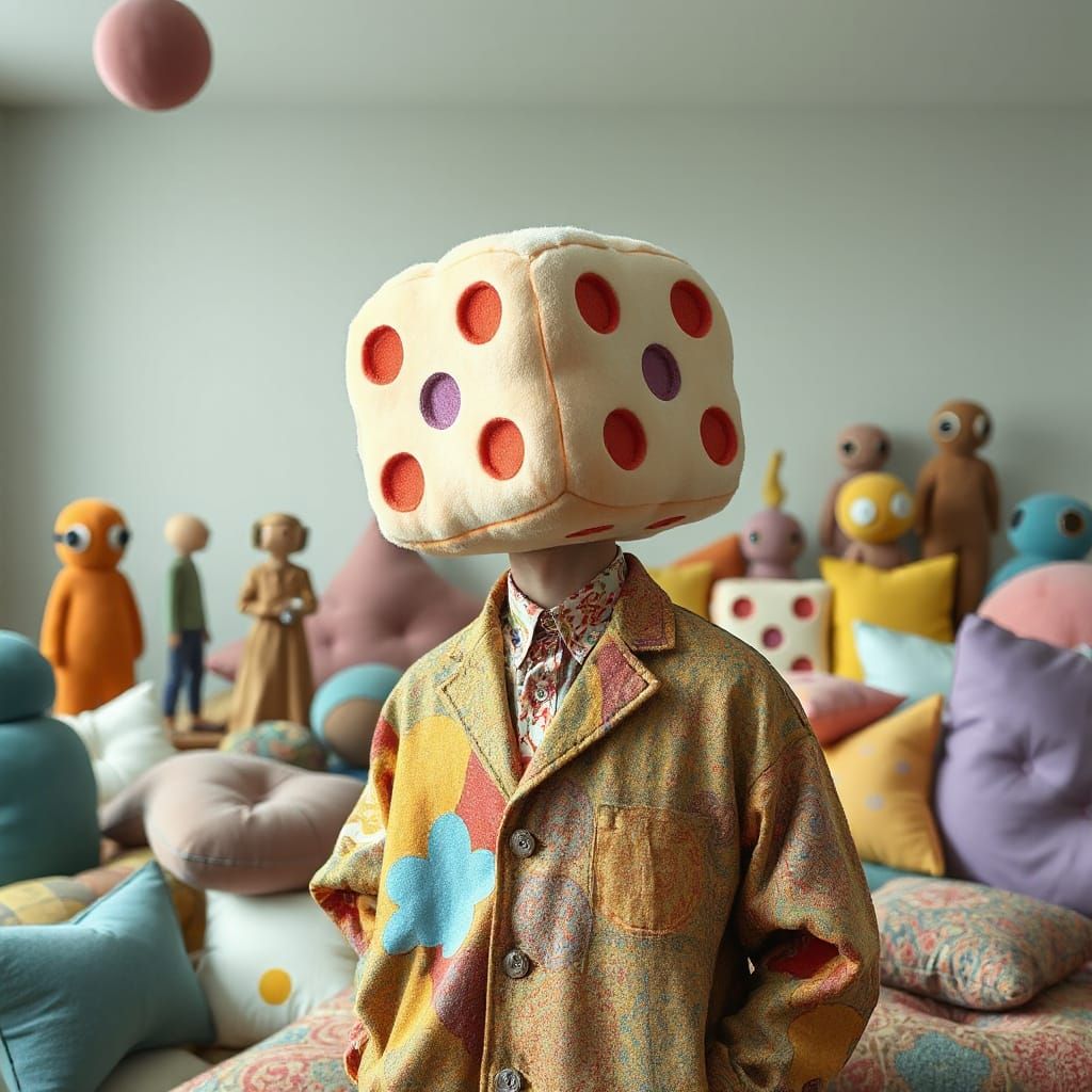 Surreal Man with Plush Dice Head in Dreamlike Plush World