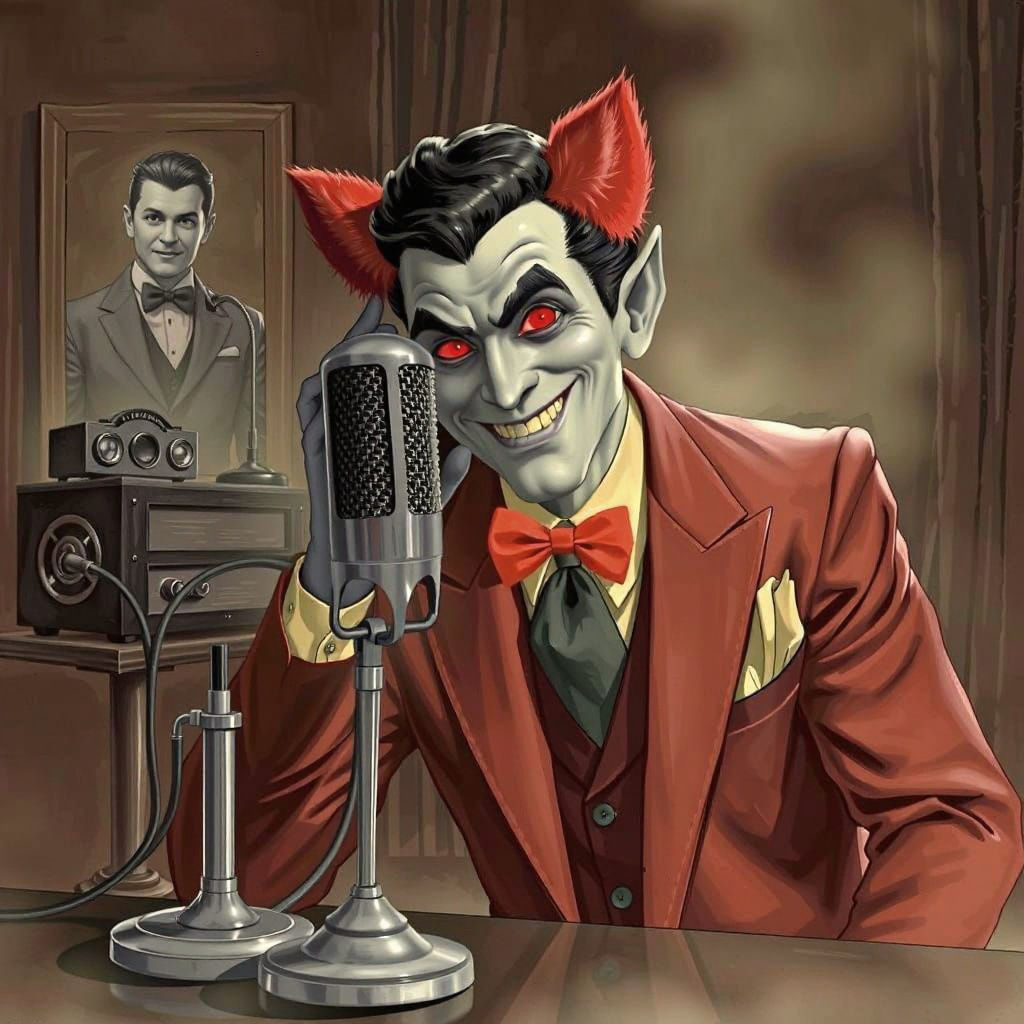 Devilish Radio Host in Art Deco Style