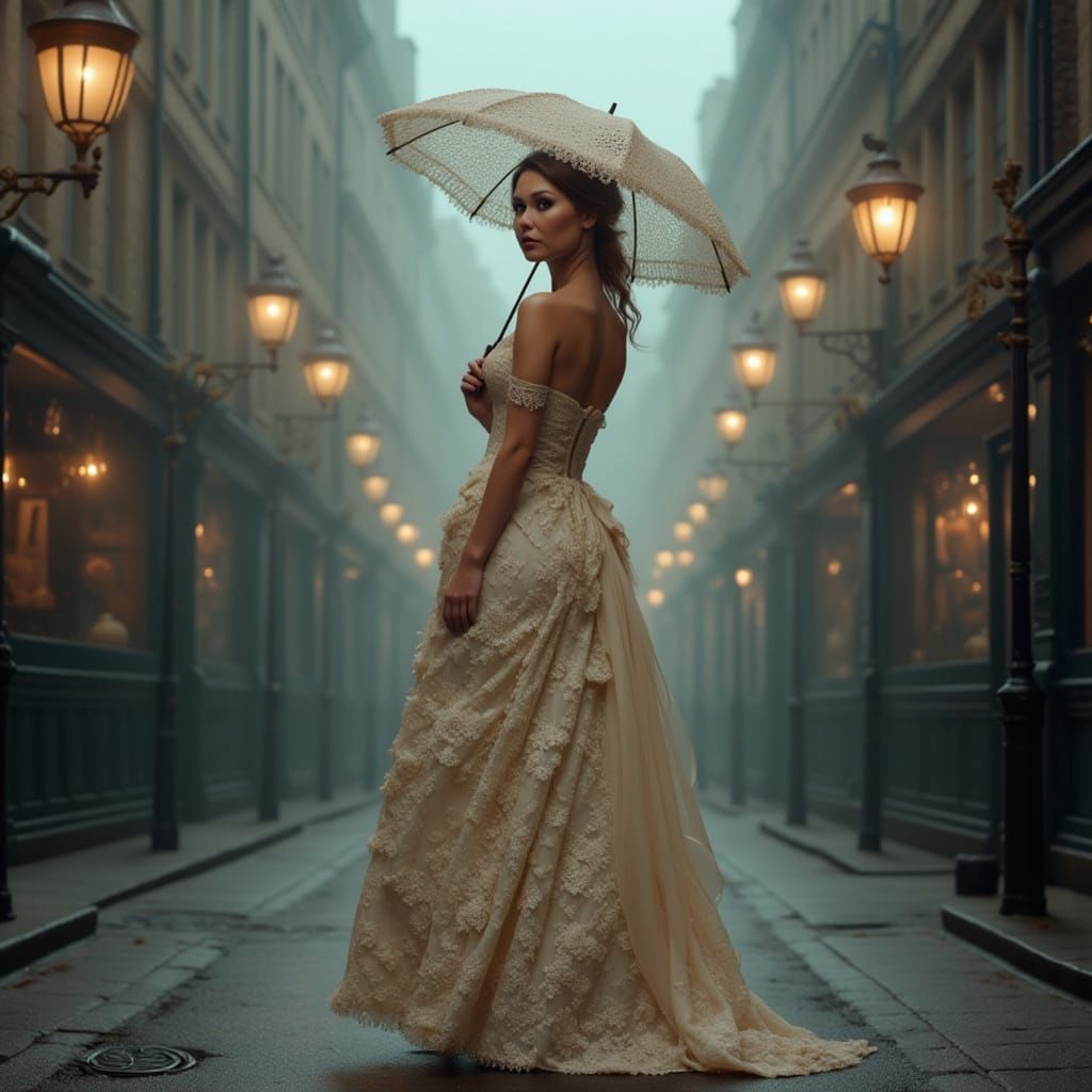 Victorian Woman with Parasol in Foggy London Street