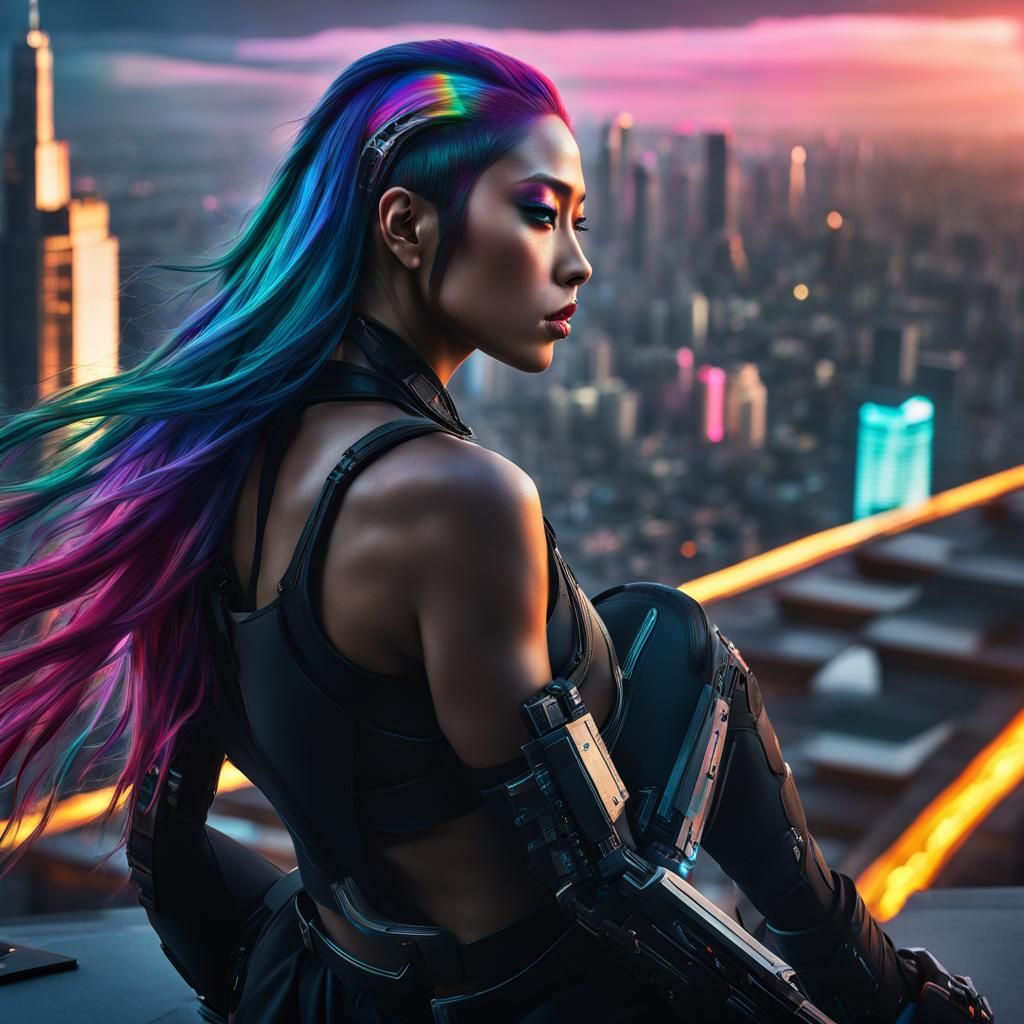 masterpiece, gorgeous, beautiful, female cyborg, Asian cyberpunk girl with long rainbow colour hair blowing in the wind,...