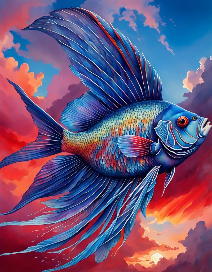 Angelfish with Angel Wings in Watercolor Sky