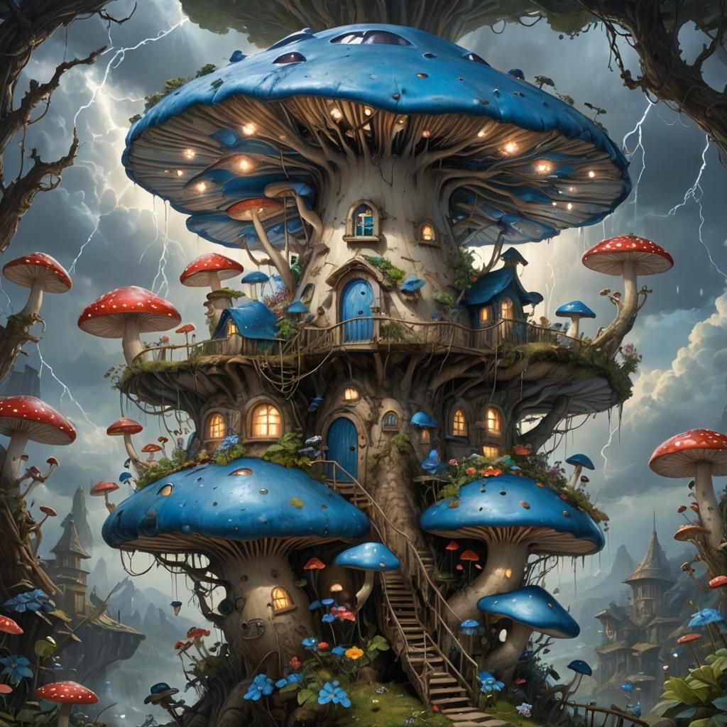Blue Toadstool Metropolis in Lightning Storm Wonderland