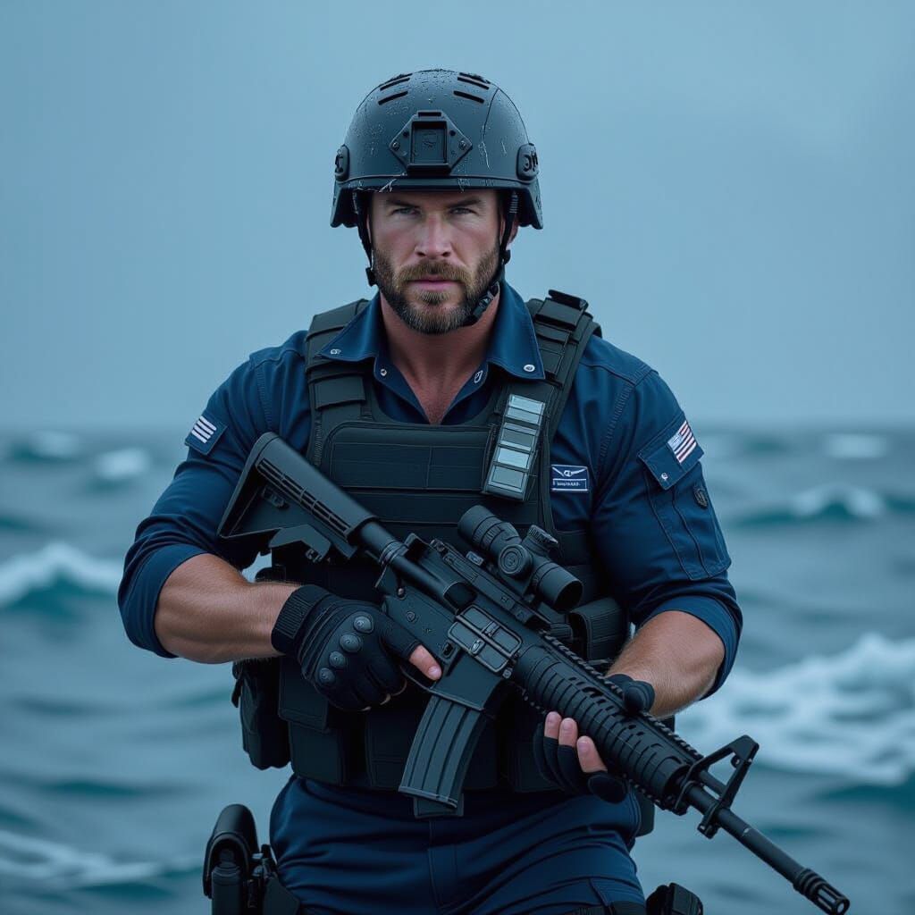 Naval Soldier in Stormy Seas: Cinematic Action Art