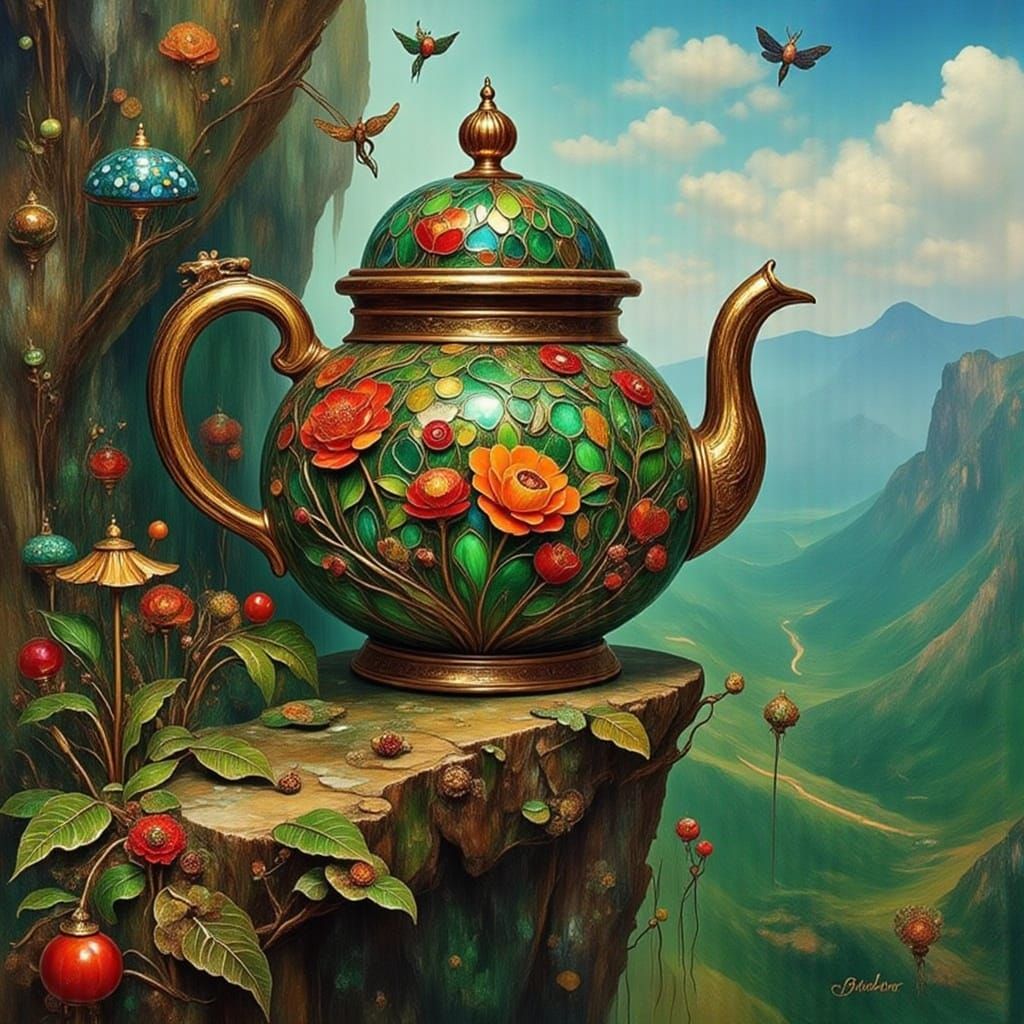 A whimsical colorful teapot perched on the edge of a cliff