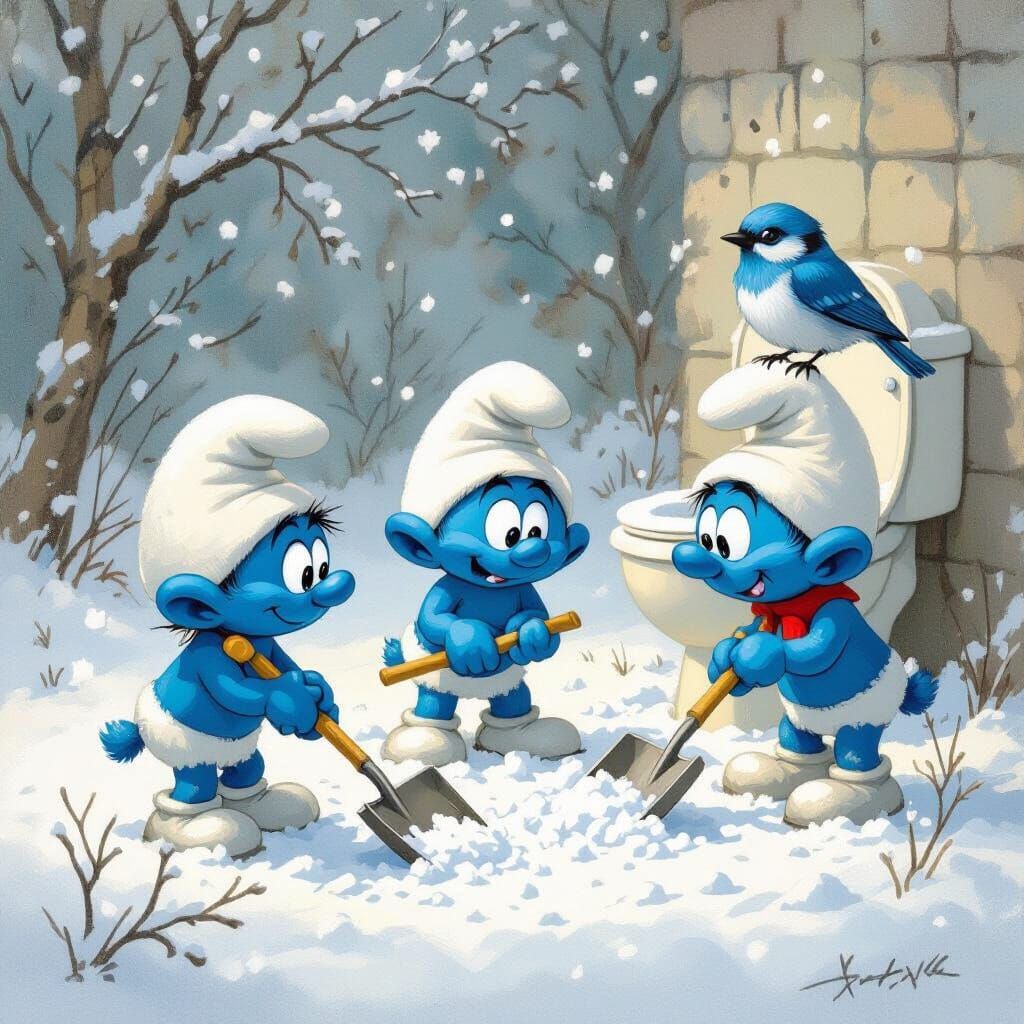 Black Smurfs Snow Harvest with Bird on Toilet