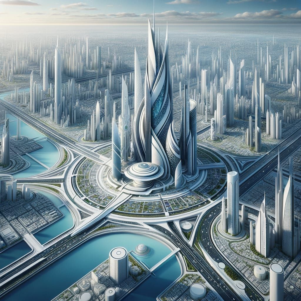 Futuristic Metropolis Bird's-Eye View in Cool Colors