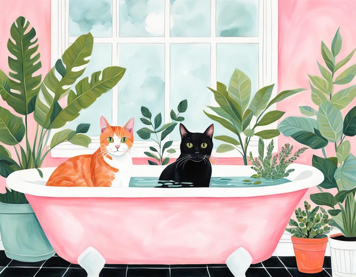 Cats in a Cottage-Core Bathroom Illustration