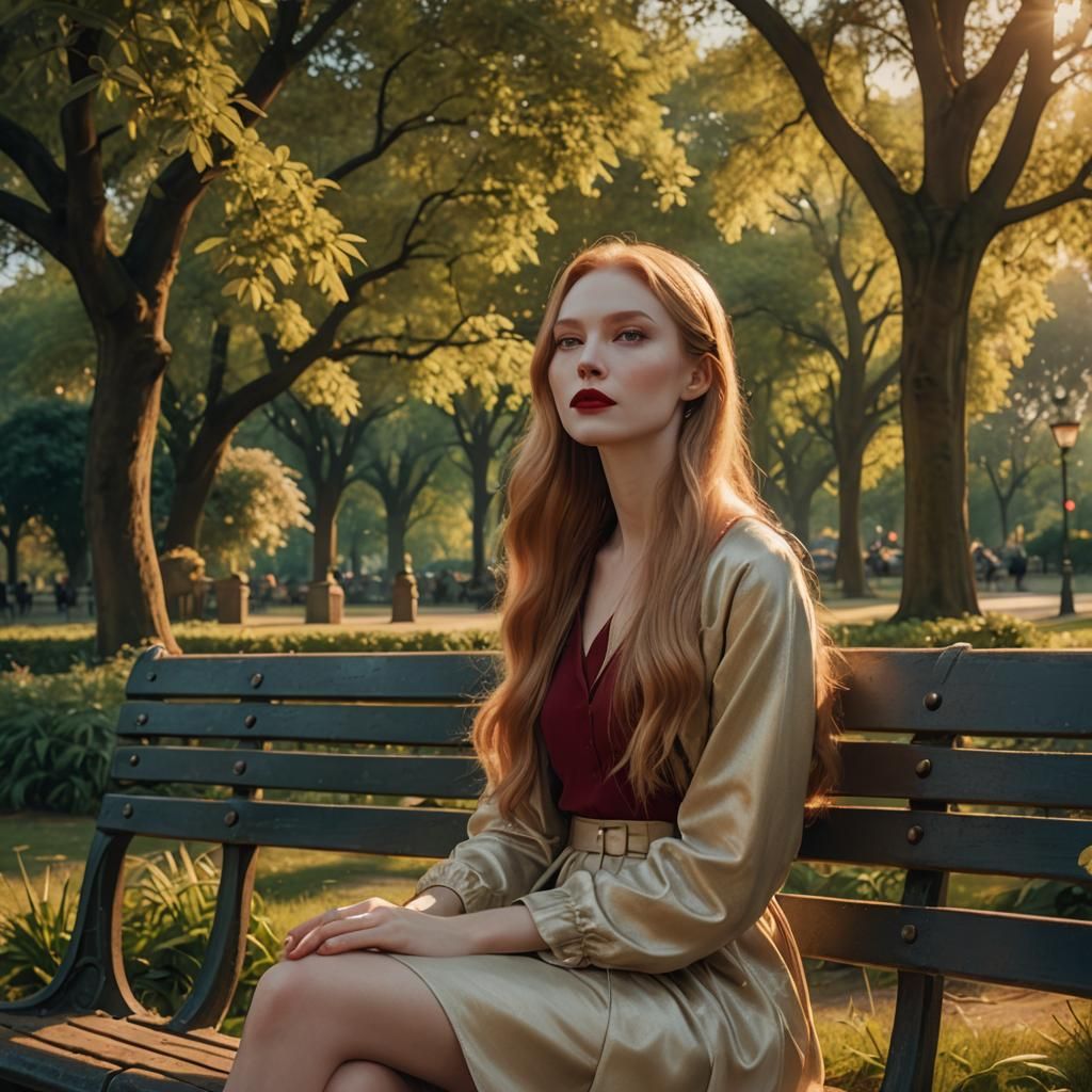 Woman on Park Bench in Dreamy Art Style