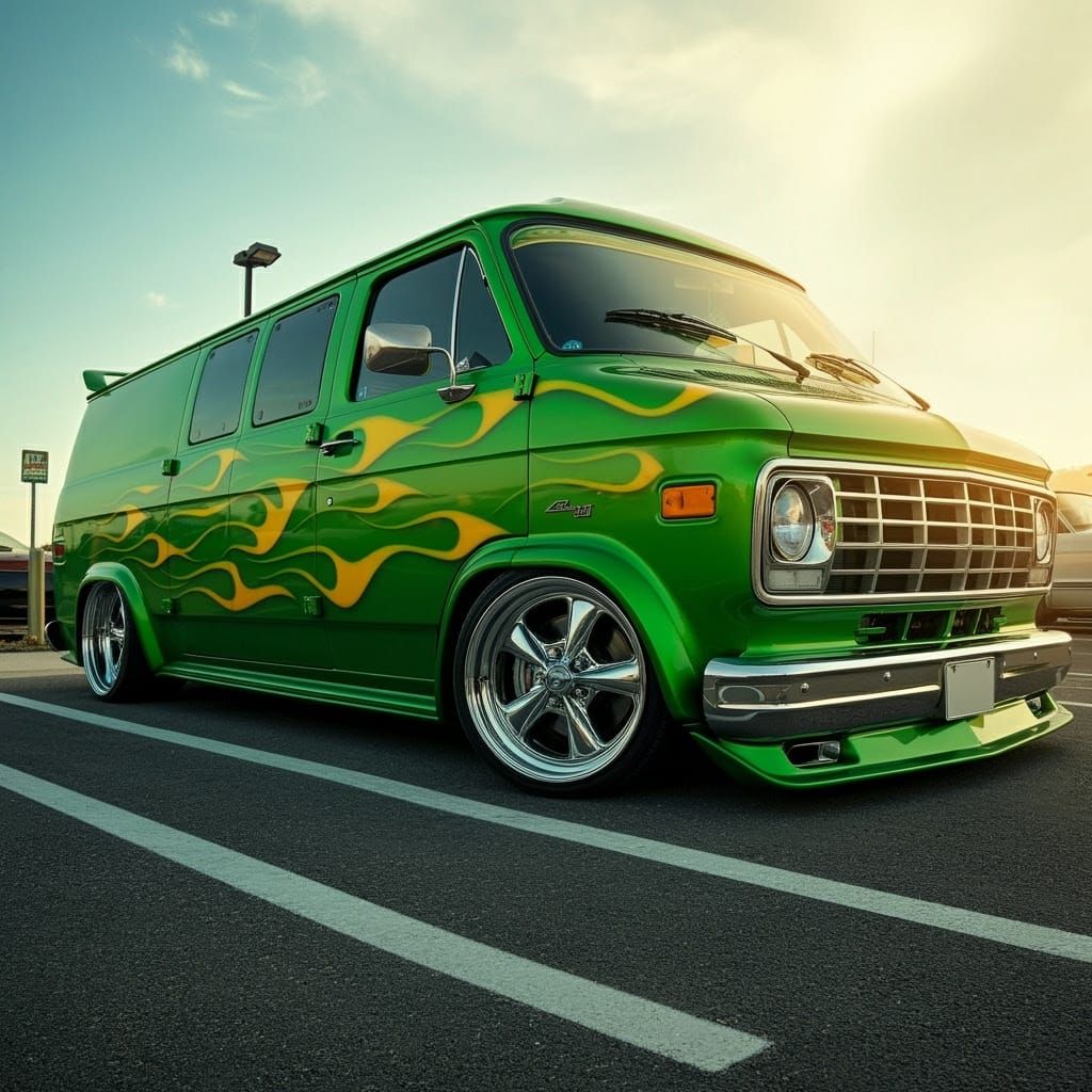 Cyberpunk Green Van with Retro-Futuristic Flames