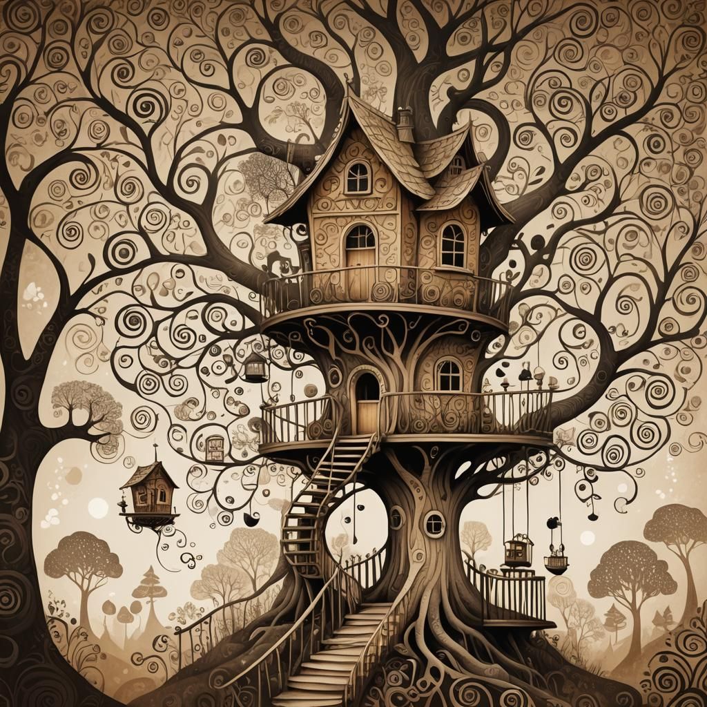 Magical Treehouse in Sepia Lithographic Print