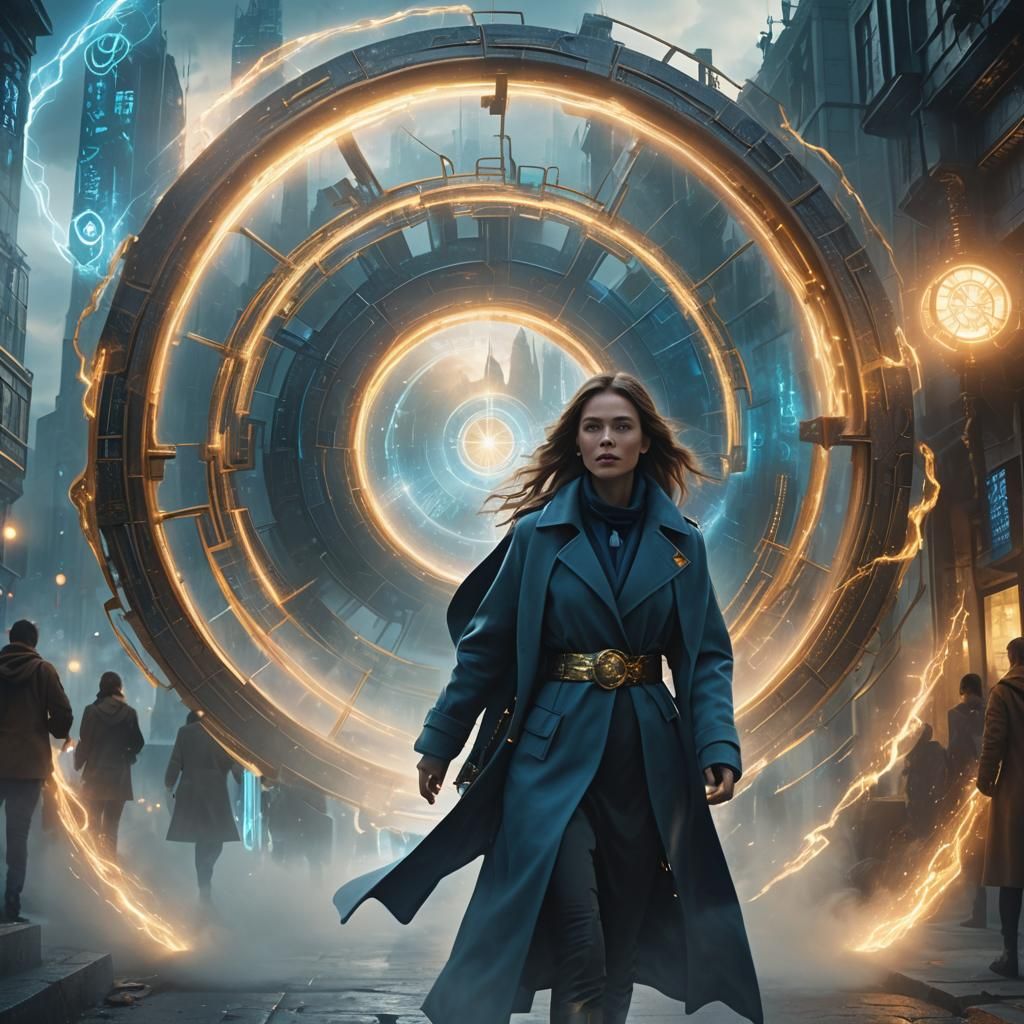 Woman Walks Through Time Portal in Futuristic City