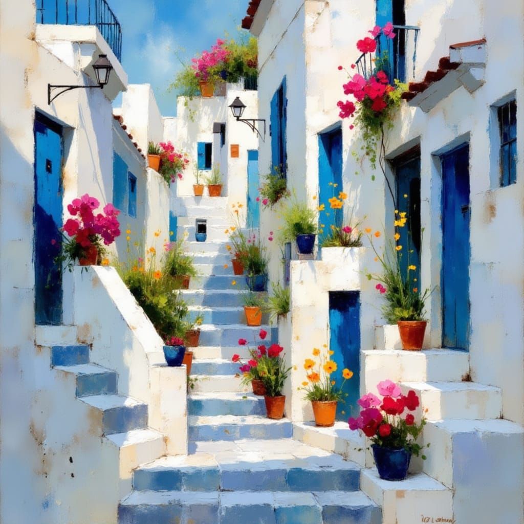Whimsical Santorini Street Scene in Pastel Hues