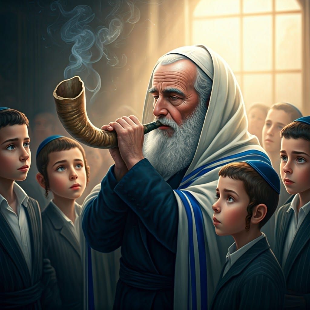 Jewish Elder Blowing Shofar in Digital Art Style