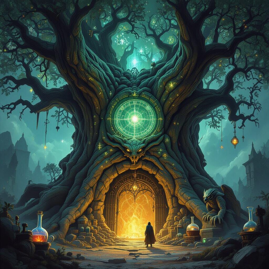 Ancient Tree Sorcerer Observatory in Dark Fantasy Style