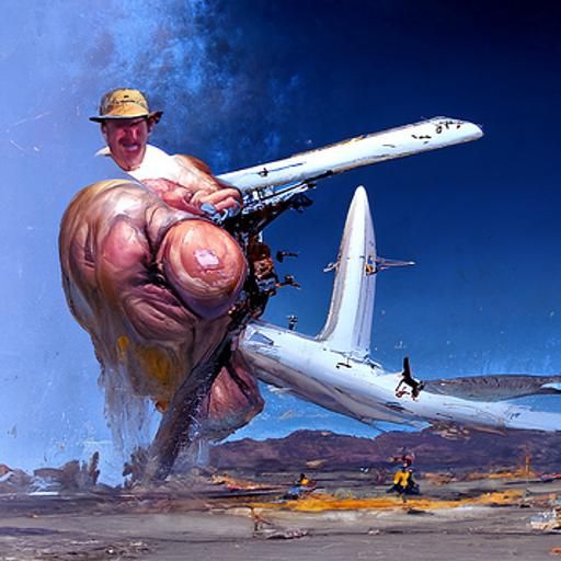 Man Destroys Airplane: Oil Painting