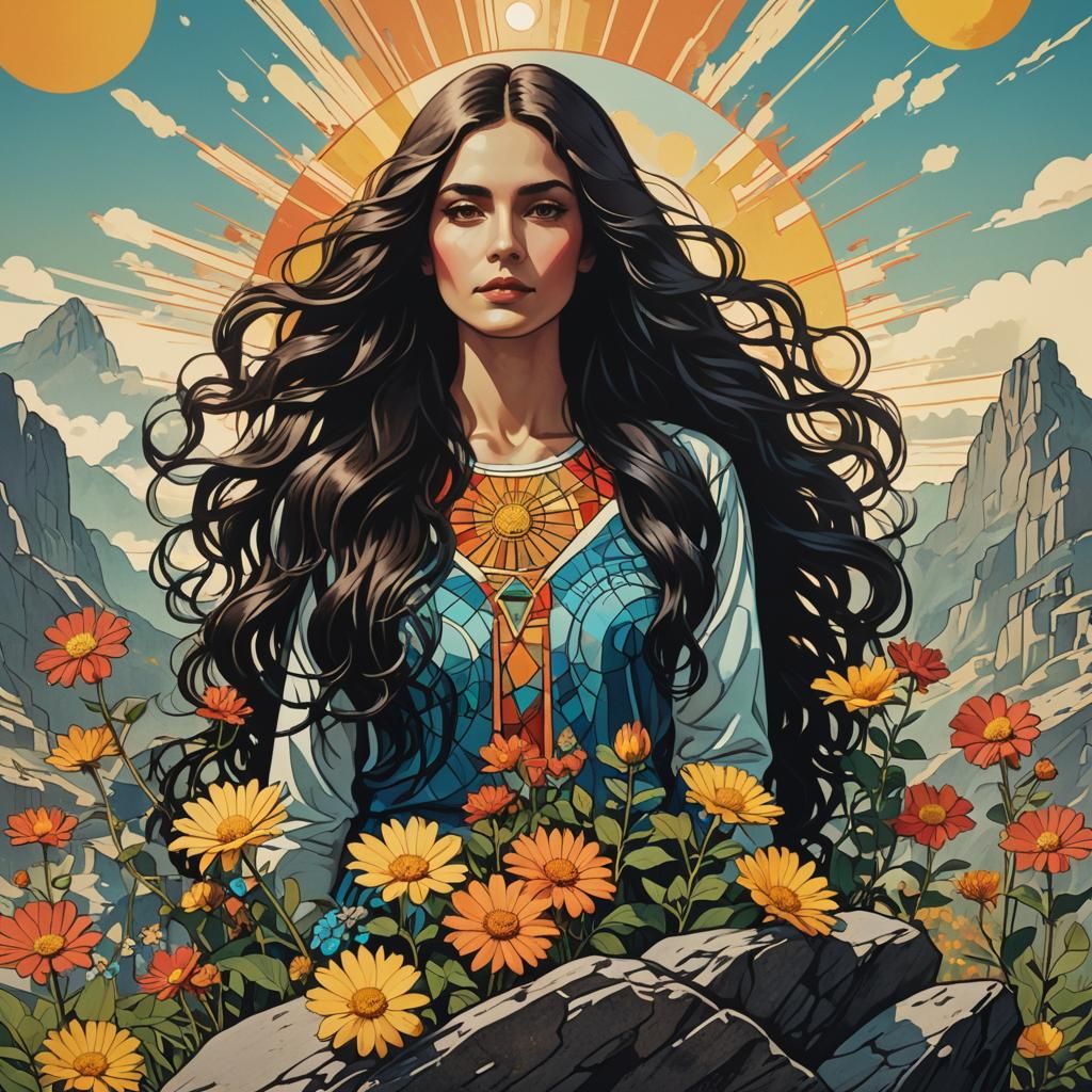 Pop Art Woman with Flowers and Sunshine