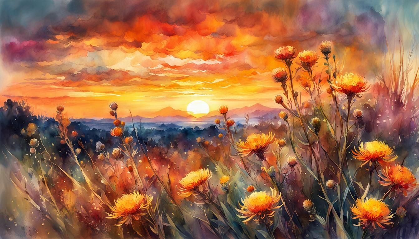 Eternal Flowers at Sunset: Digital Watercolor Art