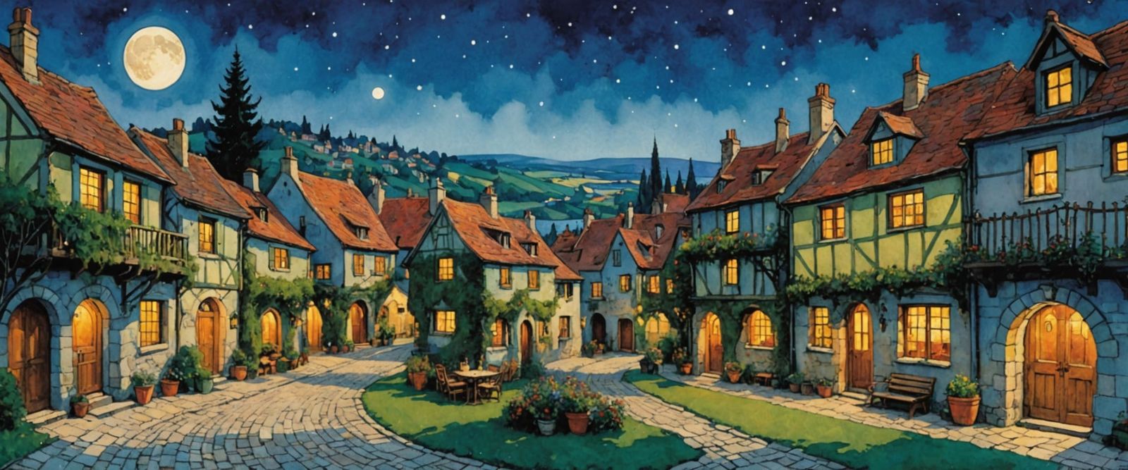 Bucolic Village in Comic Book Watercolor Style