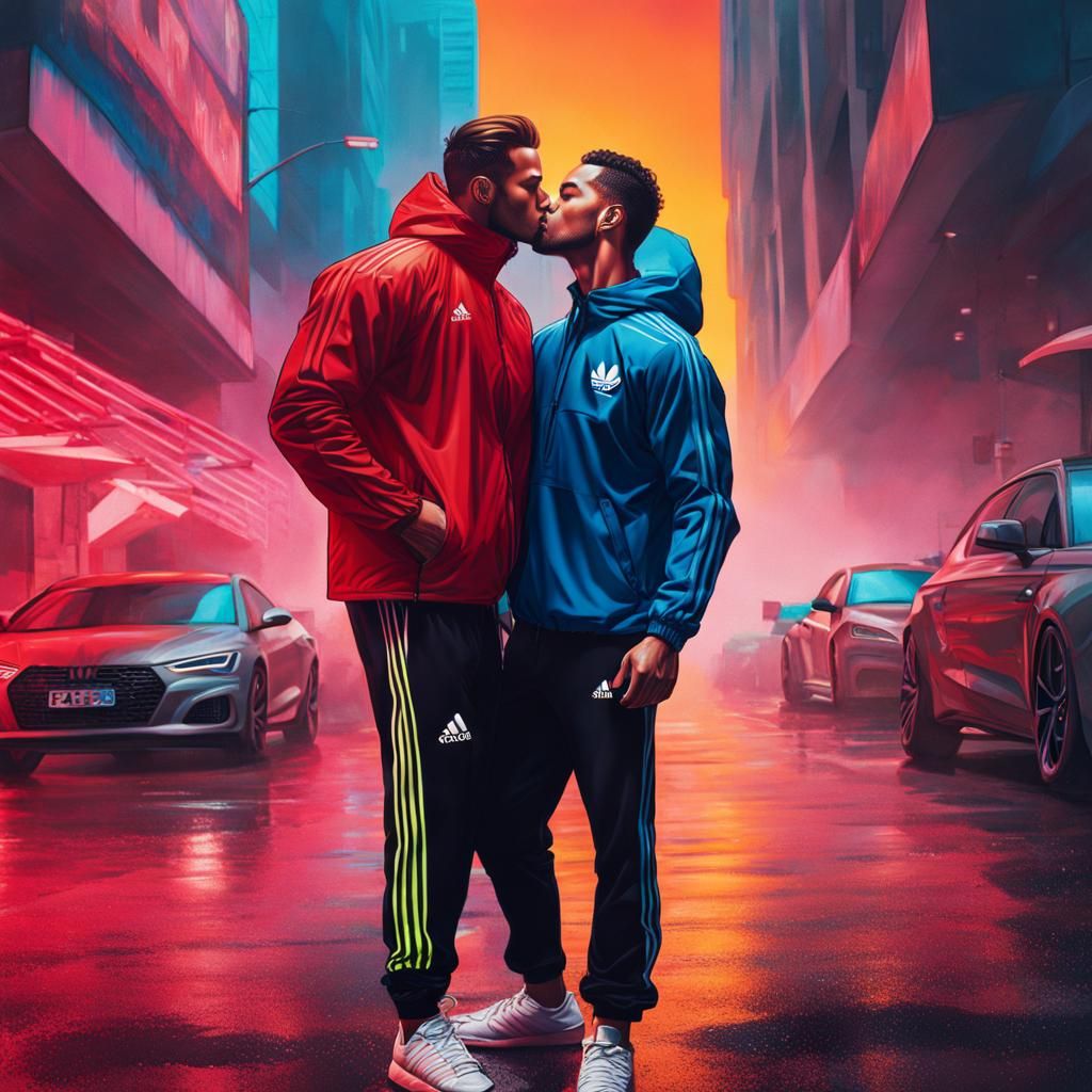 Passionate Kiss: Shirtless Man in Adidas Windbreaker