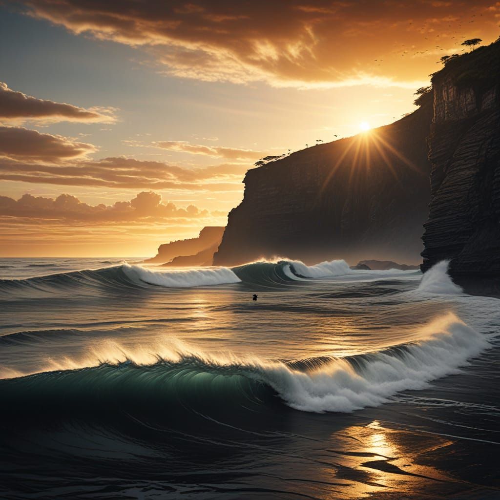 Charcoal Drawing of Surfers at Uluwatu Beach with Dramatic S...