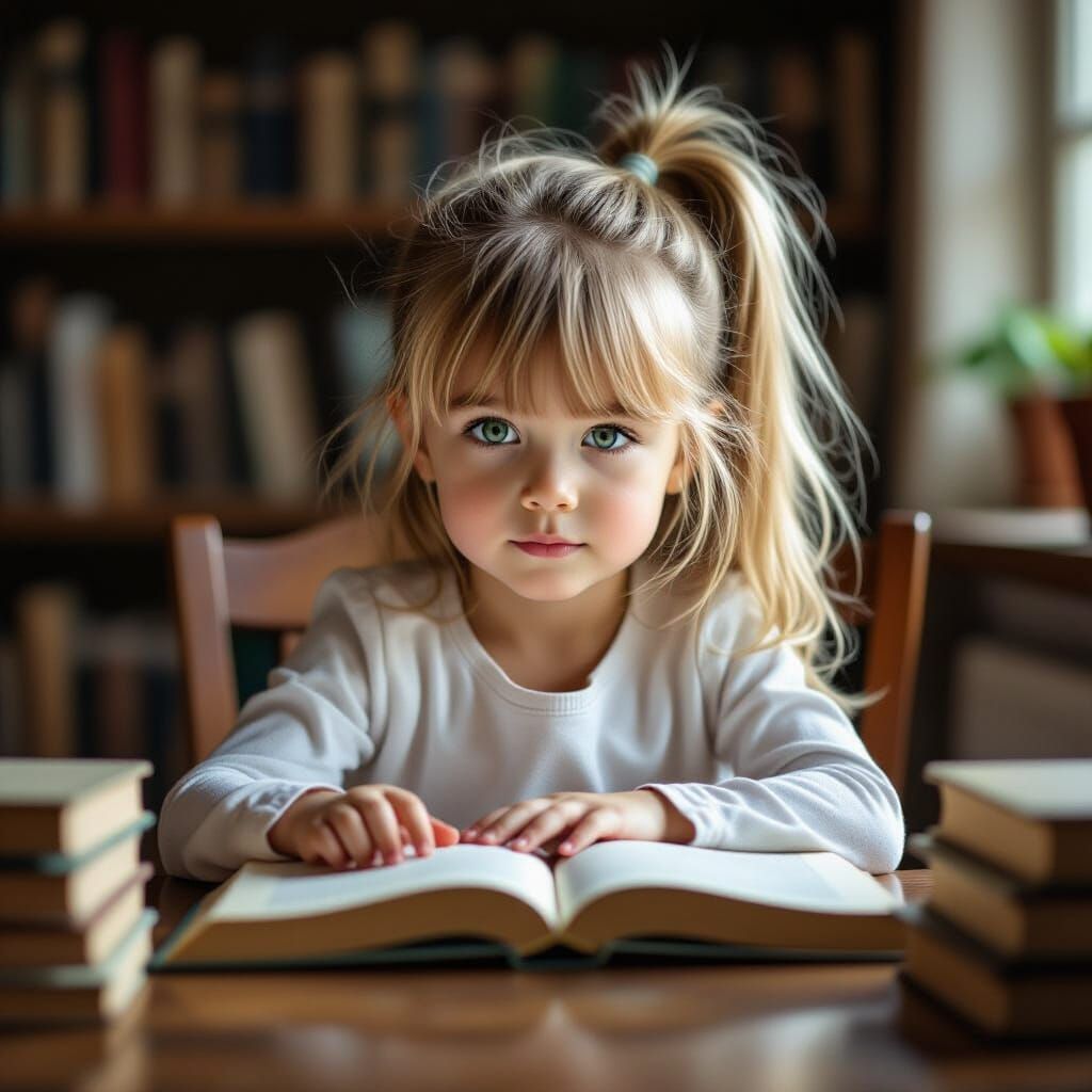 Photorealistic Girl Studies Books with Natural Light