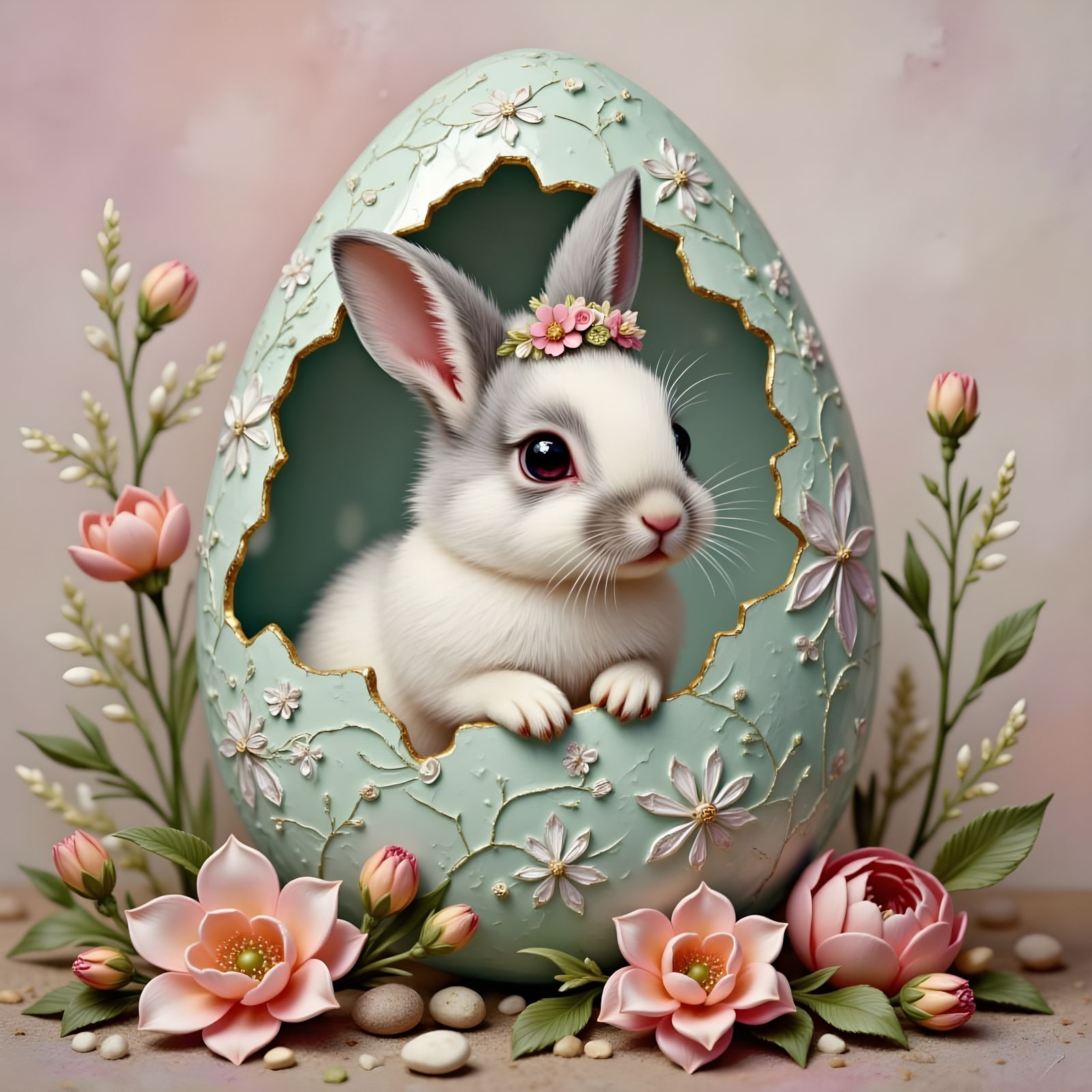 Baby Bunny in Cracked Easter Egg Shell, Gouache Painting