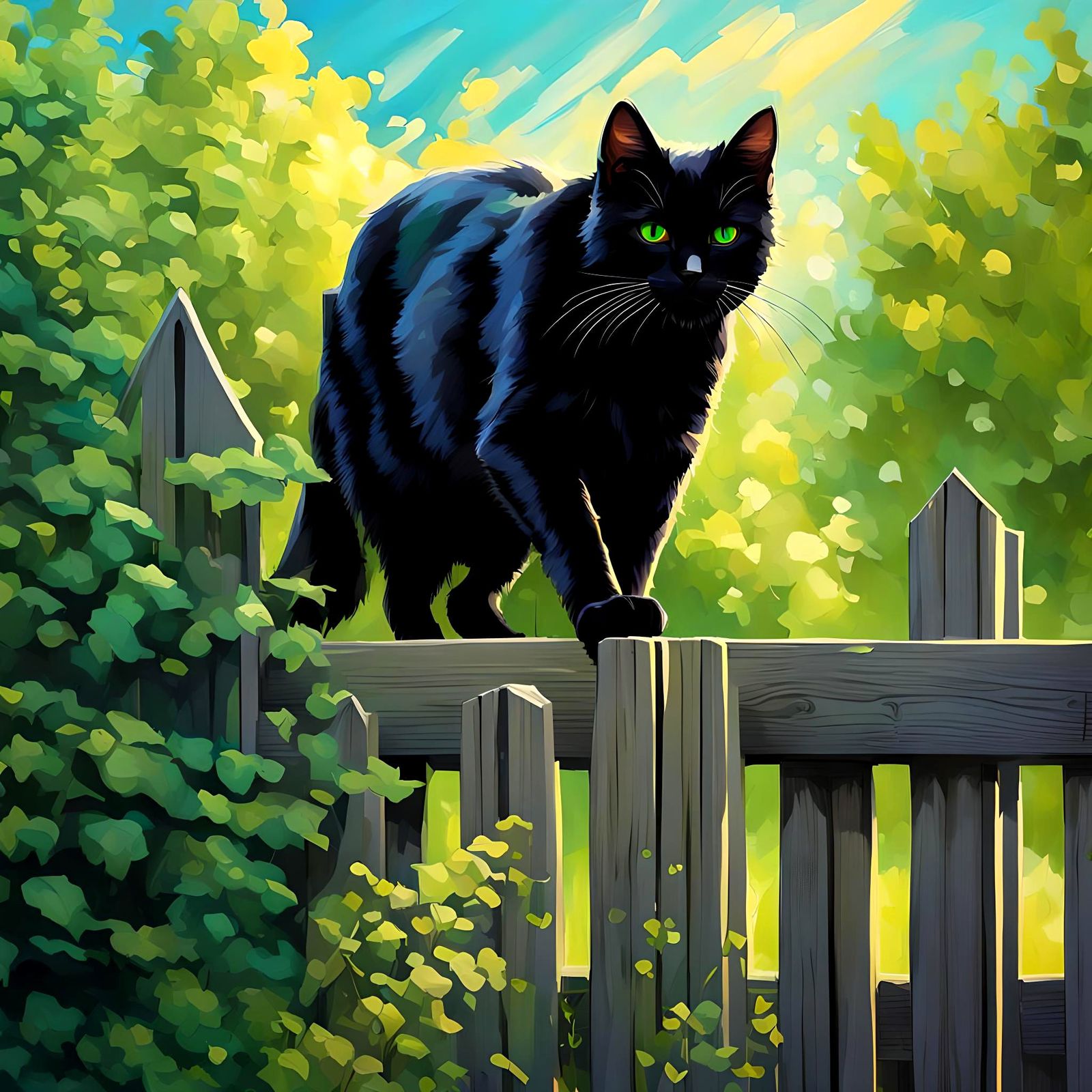 Black Cat Patrols Suburban Fence: Impressionistic Art
