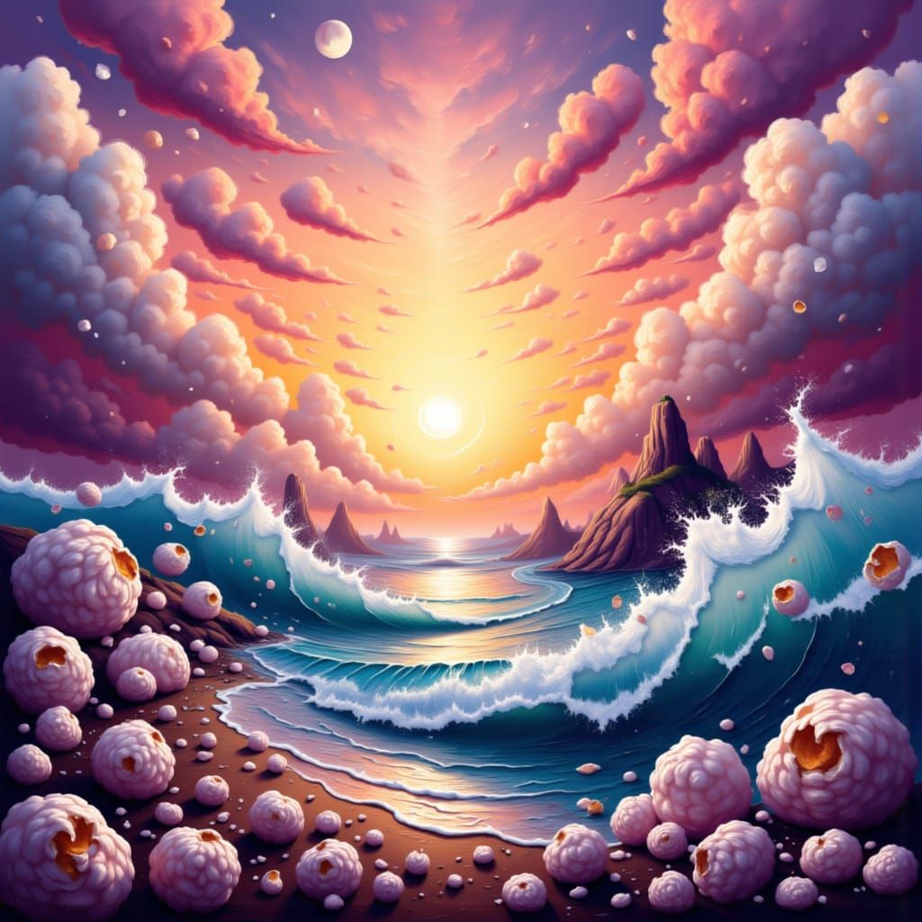 <lora:Memento Ephemera:1.0> <lora:Expressive:1.0> vibrant Candyland scene under a surreal popcorn storm. Waves and swirl...