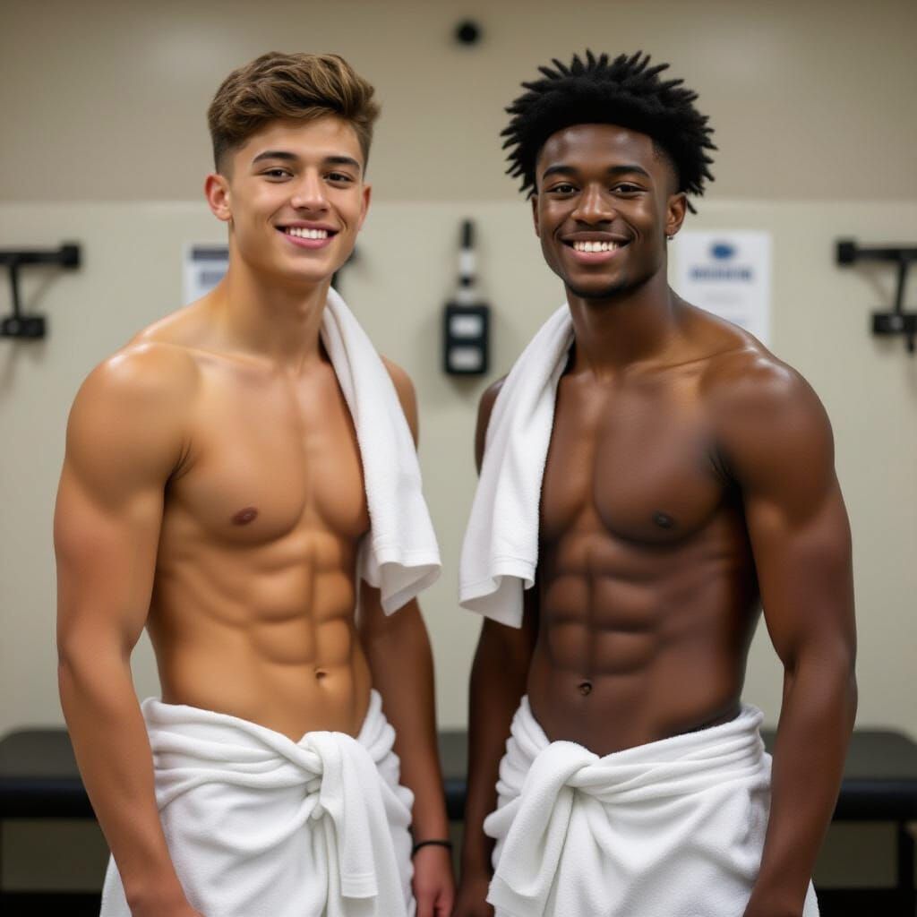 Shirtless Men in Locker Room After Practice
