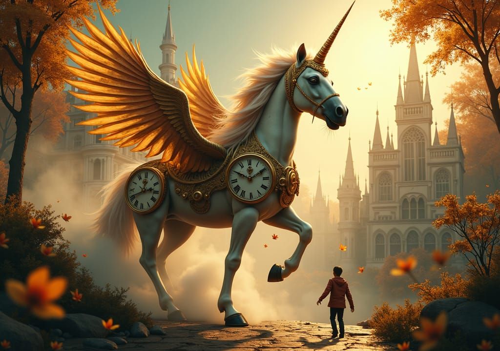Clockwork Creatures in Surreal Golden Landscape