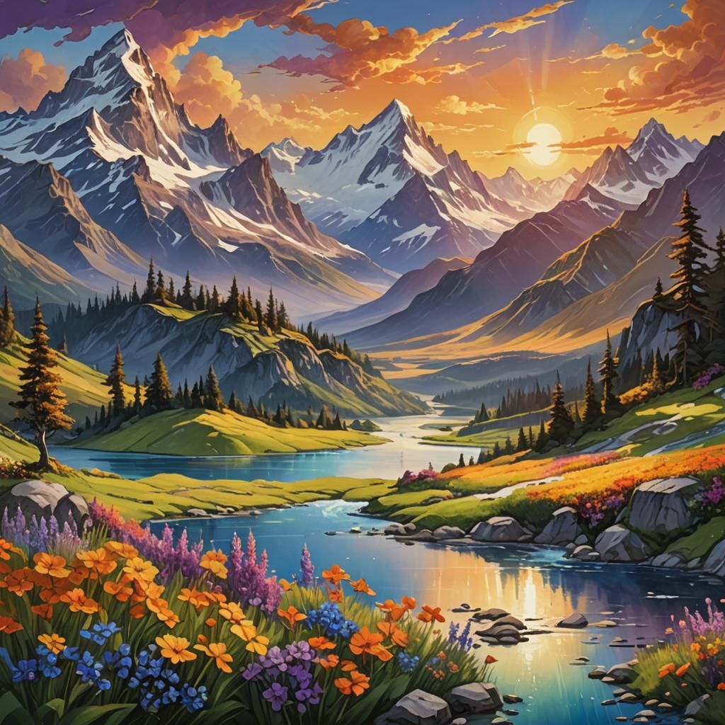 Panoramic Fantasy Landscape with Mountains and Lake