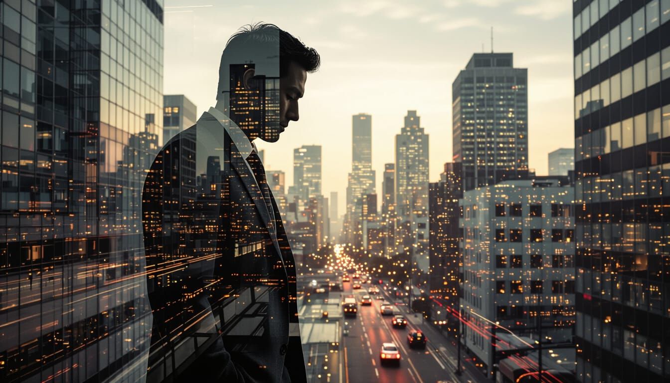 Solitary Businessman in Urban Landscape Double Exposure