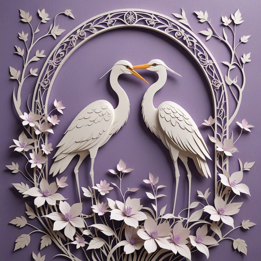 White Herons Among Lilac Flowers in 3D Kirigami Style