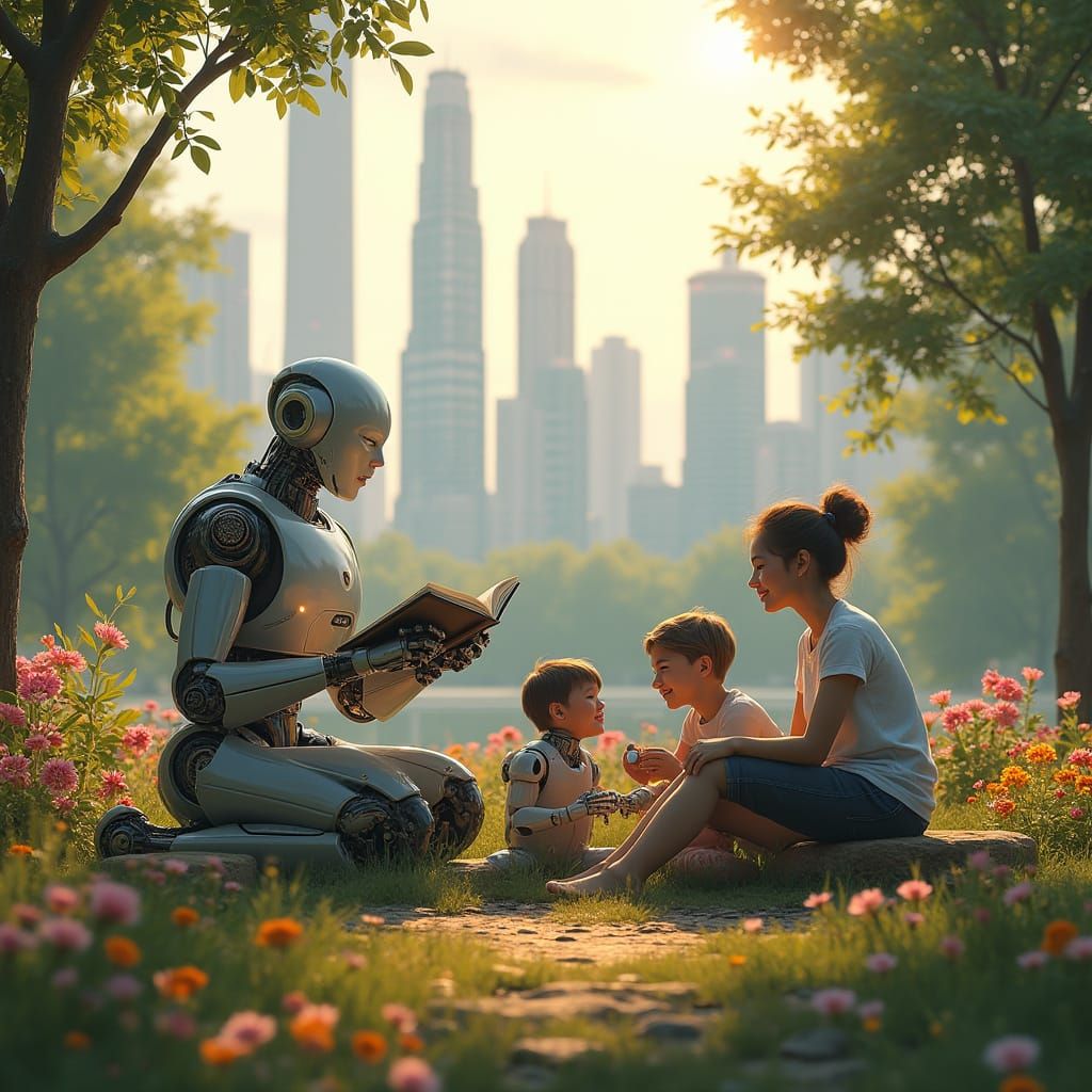 Futuristic Park Scene with Humans and Robots in Harmony