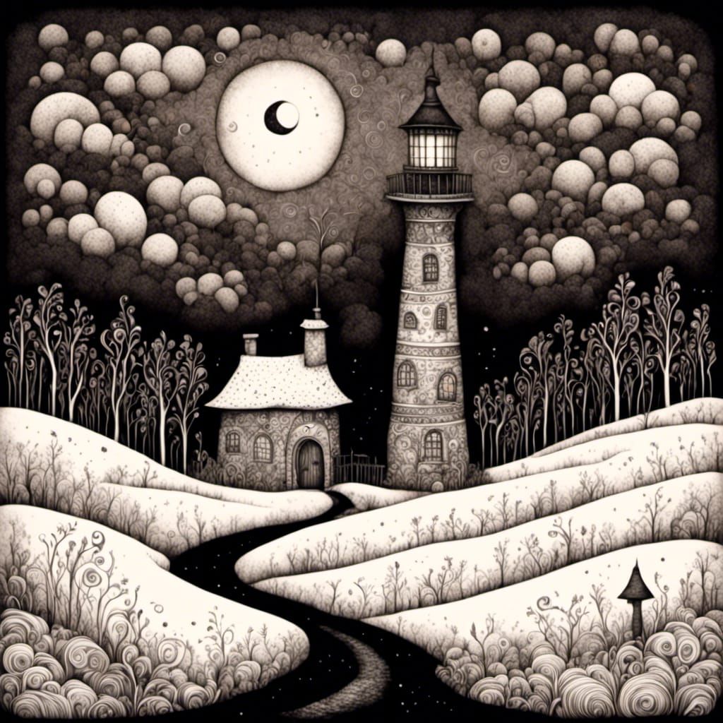 Snowy Lighthouse in Black and White Line Art