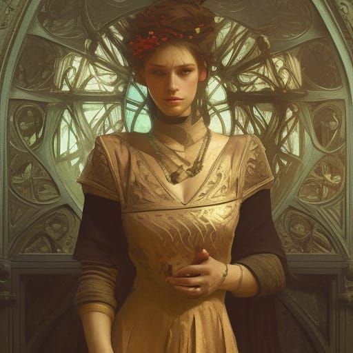 Medieval Dark Fantasy Woman, Hyperdetailed Art Nouveau Style